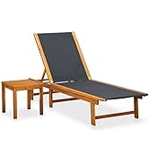 loibinfen Sun Lounger with Table and Adjustable Backrest, Solid Acacia Wood and Textilene Patio C...