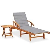 GOLINPEILO Wood Patio Sun Lounger with Table, Gray Cushion and Adjustable Backrest and Footrest, ...