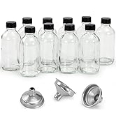 10 Pack, 4 oz Small Clear Glass Bottles with Lids & 3 Stainless Steel Funnels - 120ml Boston Roun...