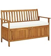 loibinfen Wooden Patio Storage Bench with Cream White Cushion Solid Acacia Wood, Garden Deck Box ...