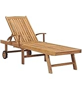 GOLINPEILO Wooden Sun Lounger with Adjusted Backrest and 2 Wheels, Solid Teak Wood Patio Chaise L...