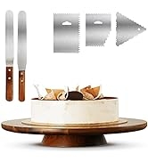 RABAHA 13" Rotating Cake Stand Acacia Wood – Rustic Cake Stand Set Turntable with 2 Icing Spatula...