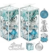 WUWEOT 64 Pcs Christmas Tree Hanging Ornaments, Blue Christmas Tree Ball Jingle Bell Drum Gift Bo...