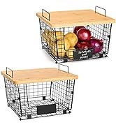 2 Set Stackable Kitchen Counter Basket with Bamboo Top - Pantry Organization and Storage Wire Org...